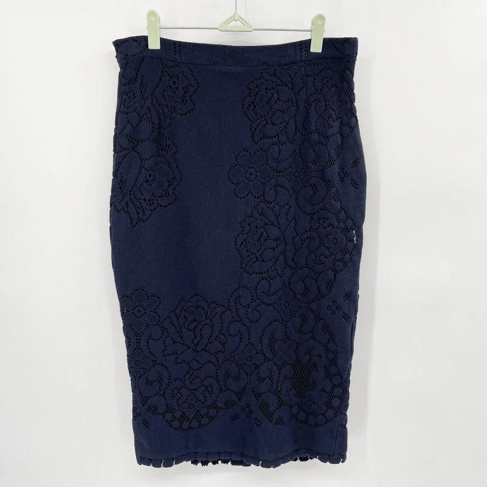 A.L.C. Lucas‎ Pencil Skirt Floral Lace Navy Blue Size 10 Lined Cotton Stretch